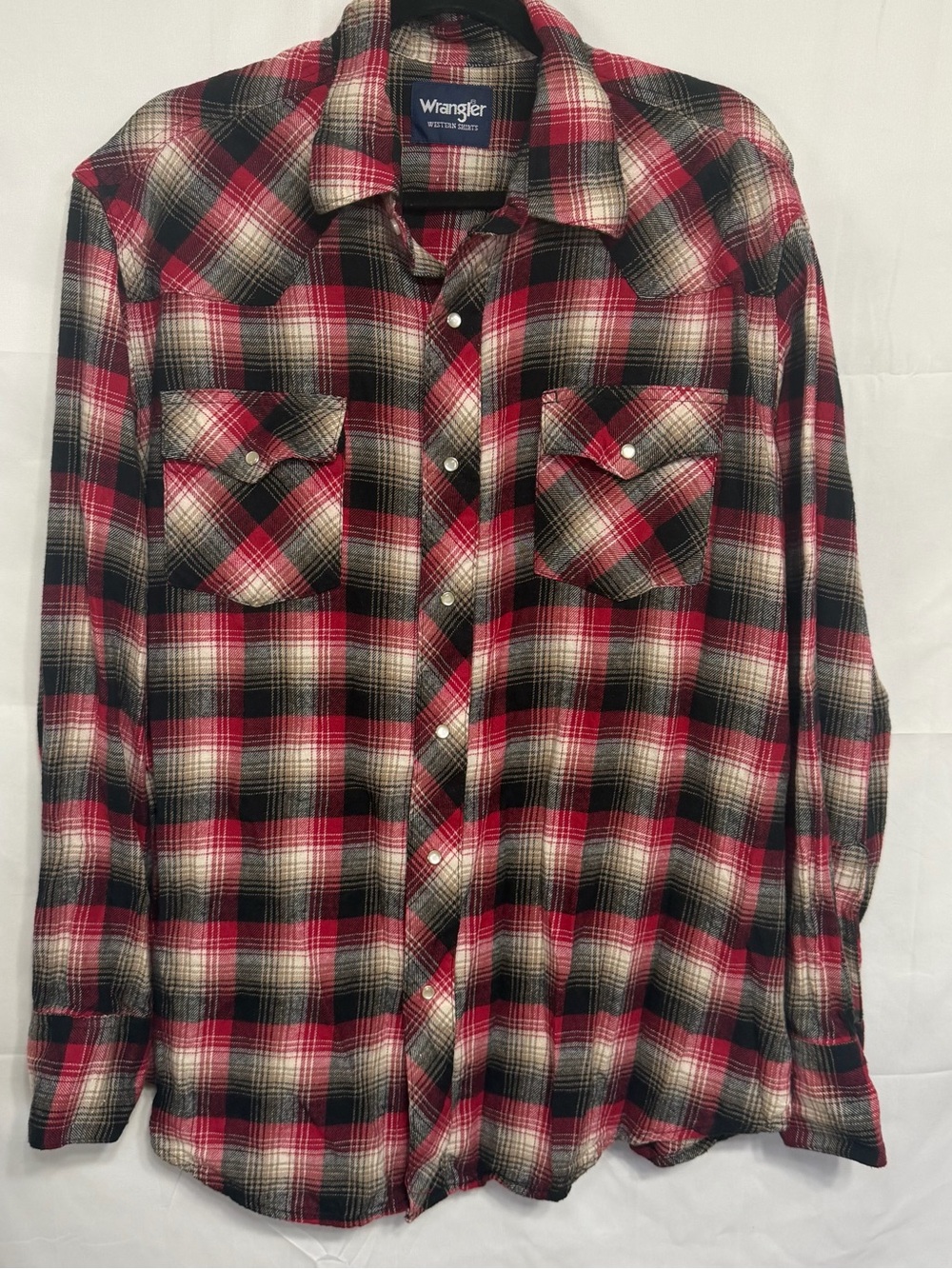Wrangler Western Pearl Snap Plaid Flannel Long Sleeve Men’s Size XL Red & Black